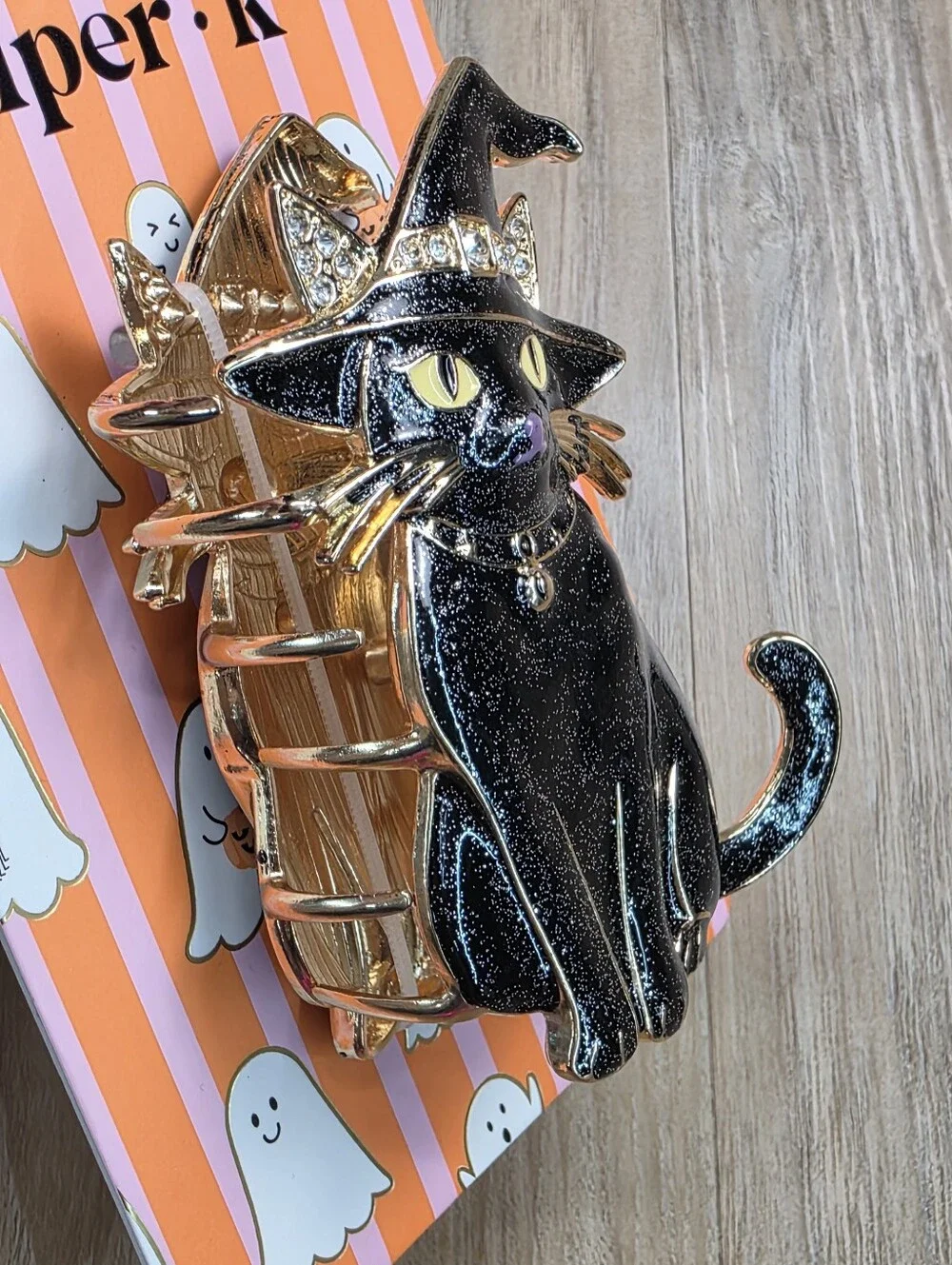 🔹️NWT Black Shimmery Rhinestone Witchy Cat Metal Claw Hair Clip